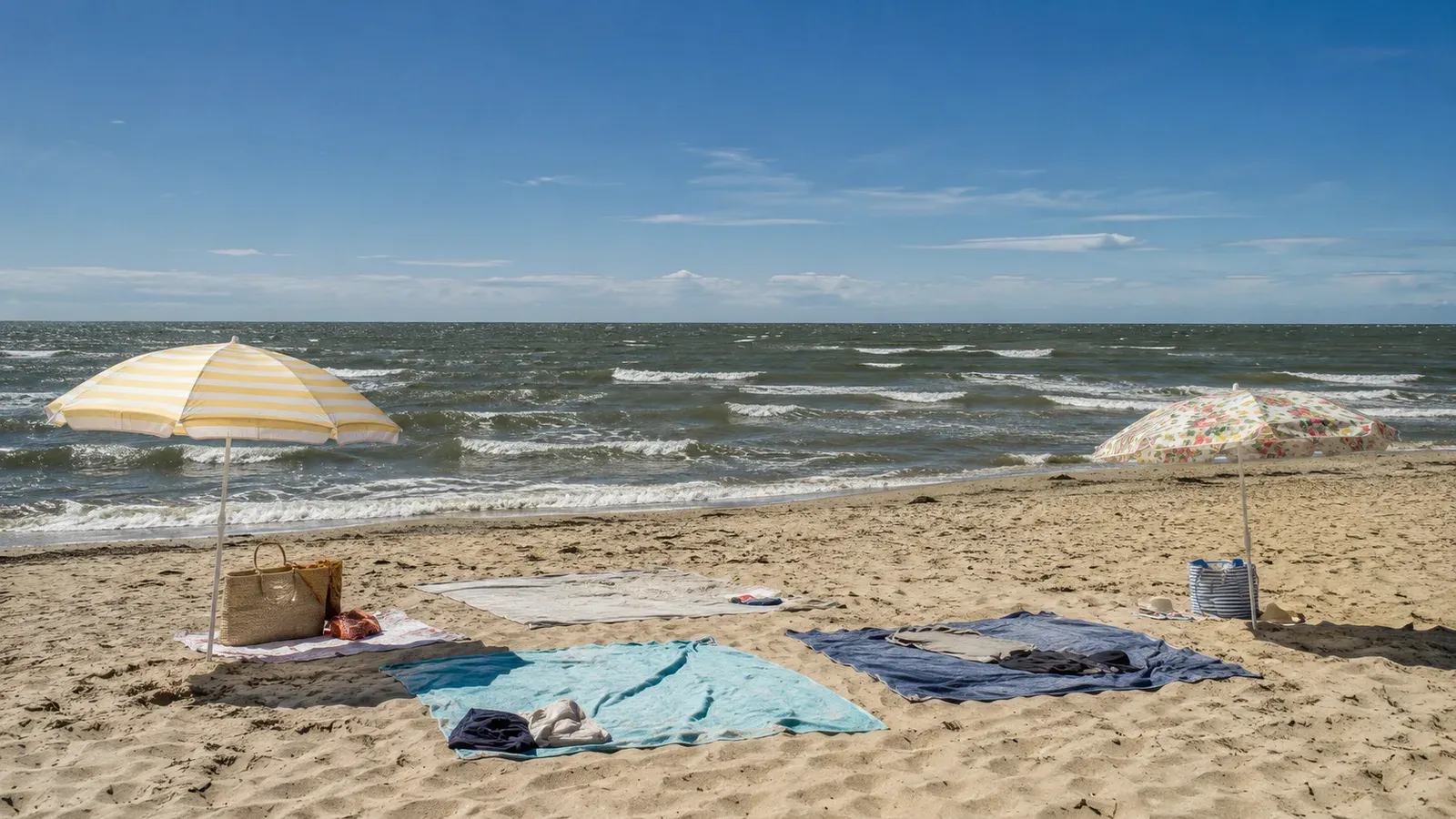 Bałtycka plaża w słoneczny letni dzień, fale rozbijające się o brzeg i pusty pas piasku o poranku