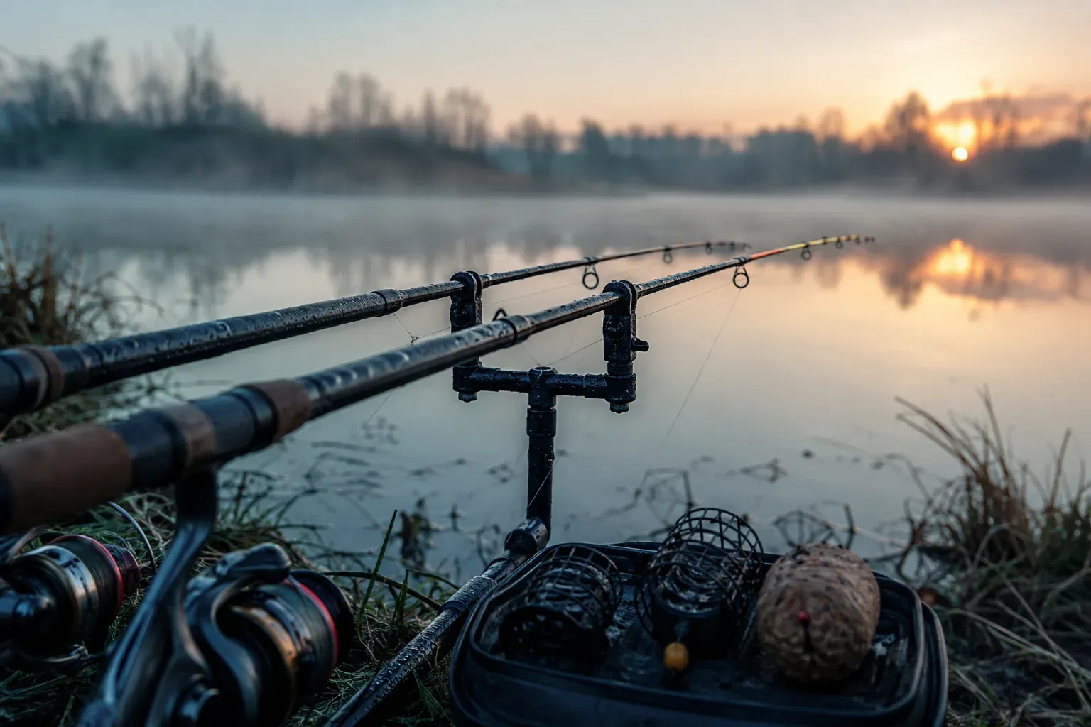 Wędki feederowe na podpórce z czułymi szczytówkami nad rzeką o świcie