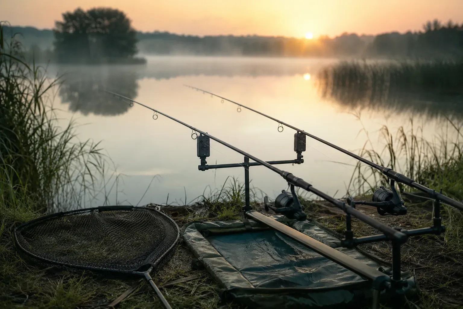 Wędki karpiowe na rod podzie z sygnalizatorami nad mglistym jeziorem o świcie
