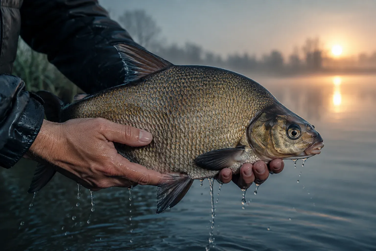 Leszcz trzymany nad taflą jeziora o świcie, widoczne wysokie, spłaszczone ciało