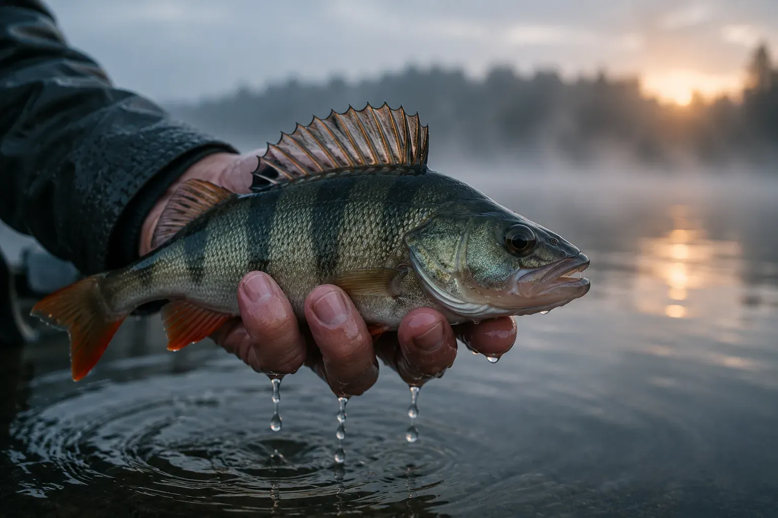 Okoń trzymany nad taflą jeziora o świcie, widoczne pręgi i czerwone płetwy