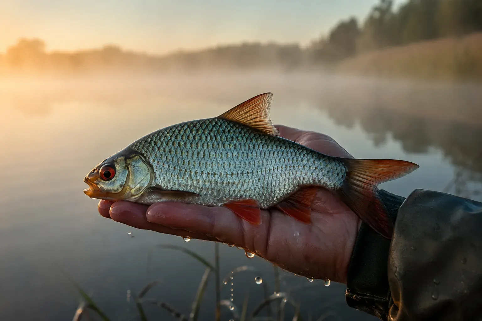 Płoć trzymana nad taflą jeziora o świcie, widoczne srebrne łuski i czerwone płetwy