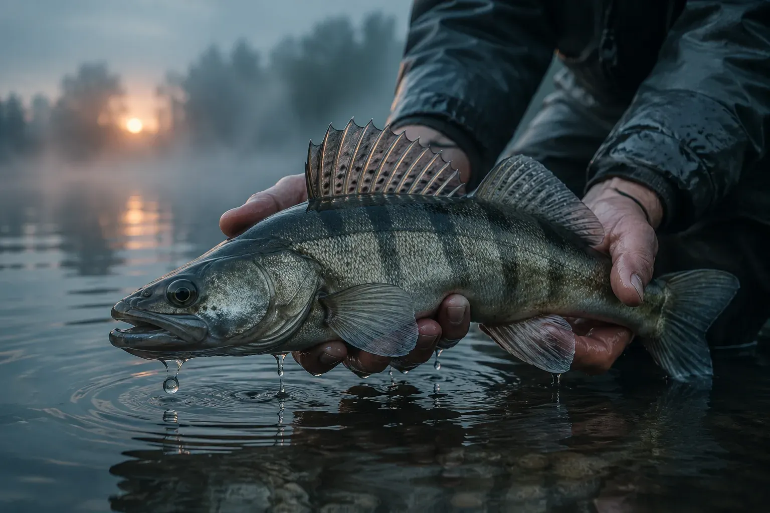 Sandacz trzymany nad taflą jeziora o świcie, widoczna kolczasta płetwa grzbietowa