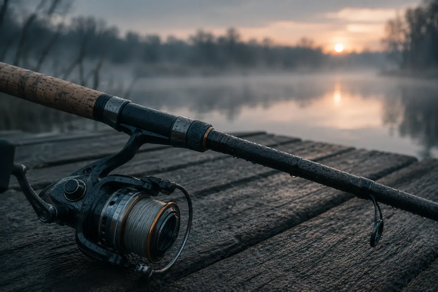 Wędka spinningowa oparta o deski pomostu nad mglistym jeziorem o świcie