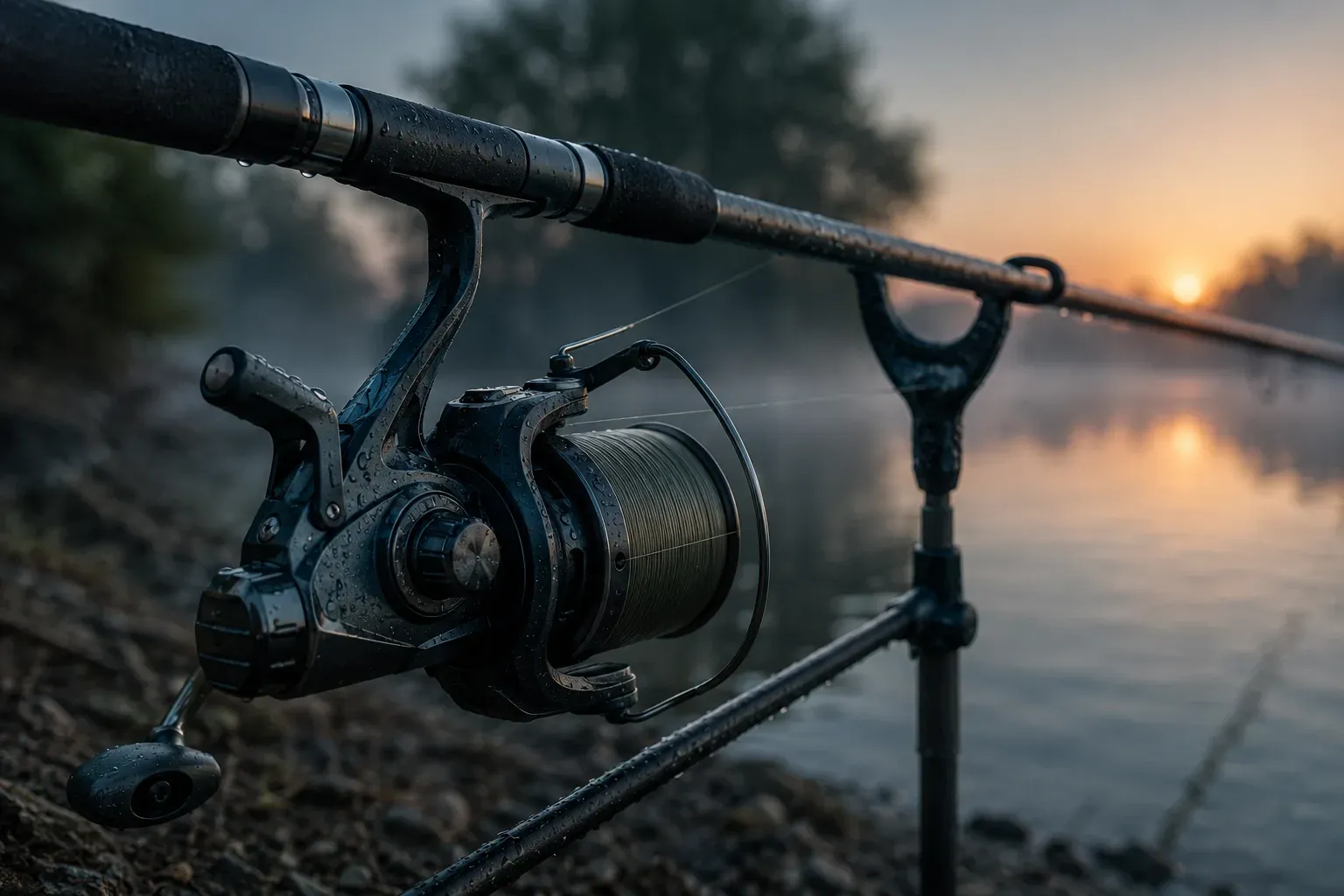 Kołowrotek feederowy z wolnym biegiem na wędce opartej o podpórkę nad rzeką o świcie