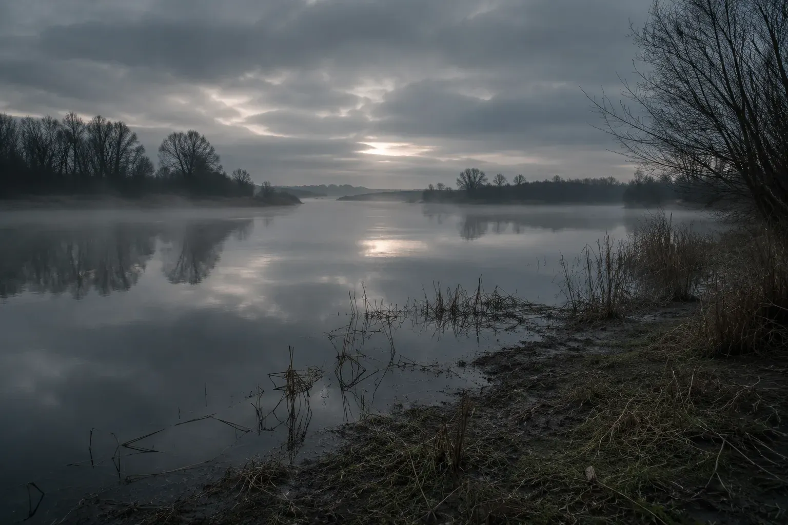 Szeroki widok nizinnej rzeki o pochmurnym świcie, mgła nad taflą