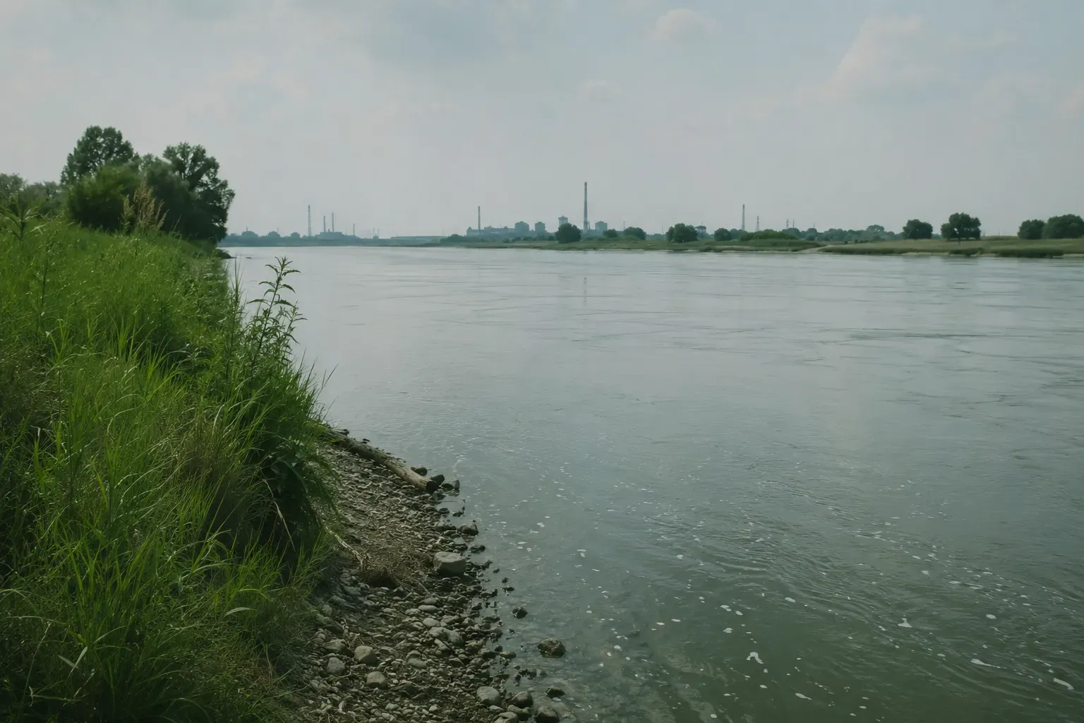 Szeroki widok nizinnej rzeki latem, lekko zielonkawa, zmętniała woda pod zamgloną taflą