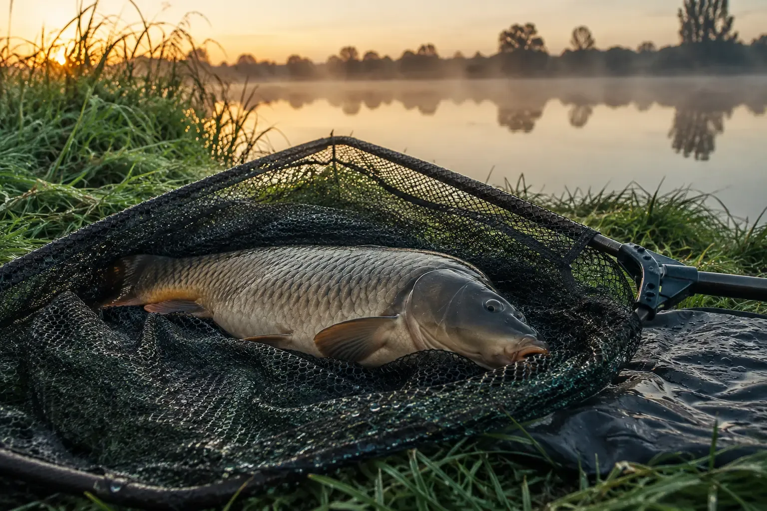 Podbierak wędkarski nad taflą jeziora o świcie