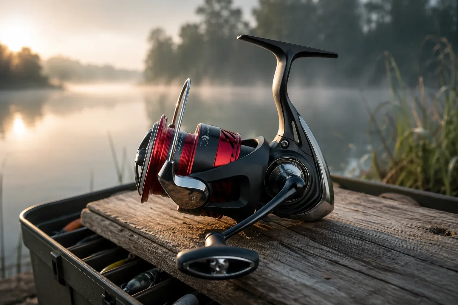 Kołowrotek Daiwa Ninja LT na tle jeziora o świcie