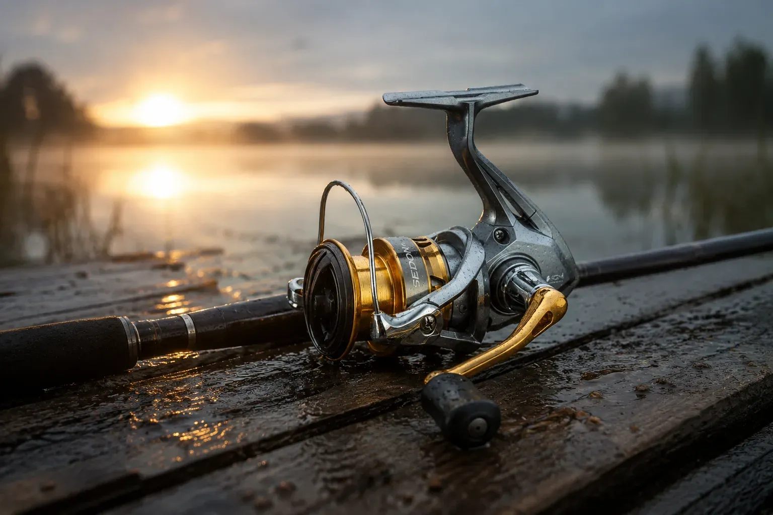 Kołowrotek Shimano Sedona FI na wędce spinningowej nad jeziorem o świcie