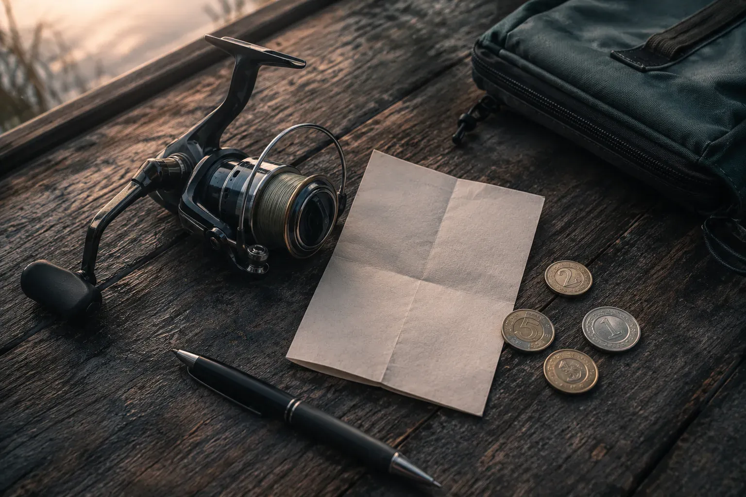 Kołowrotek, dokument i monety ułożone na ciemnym drewnie