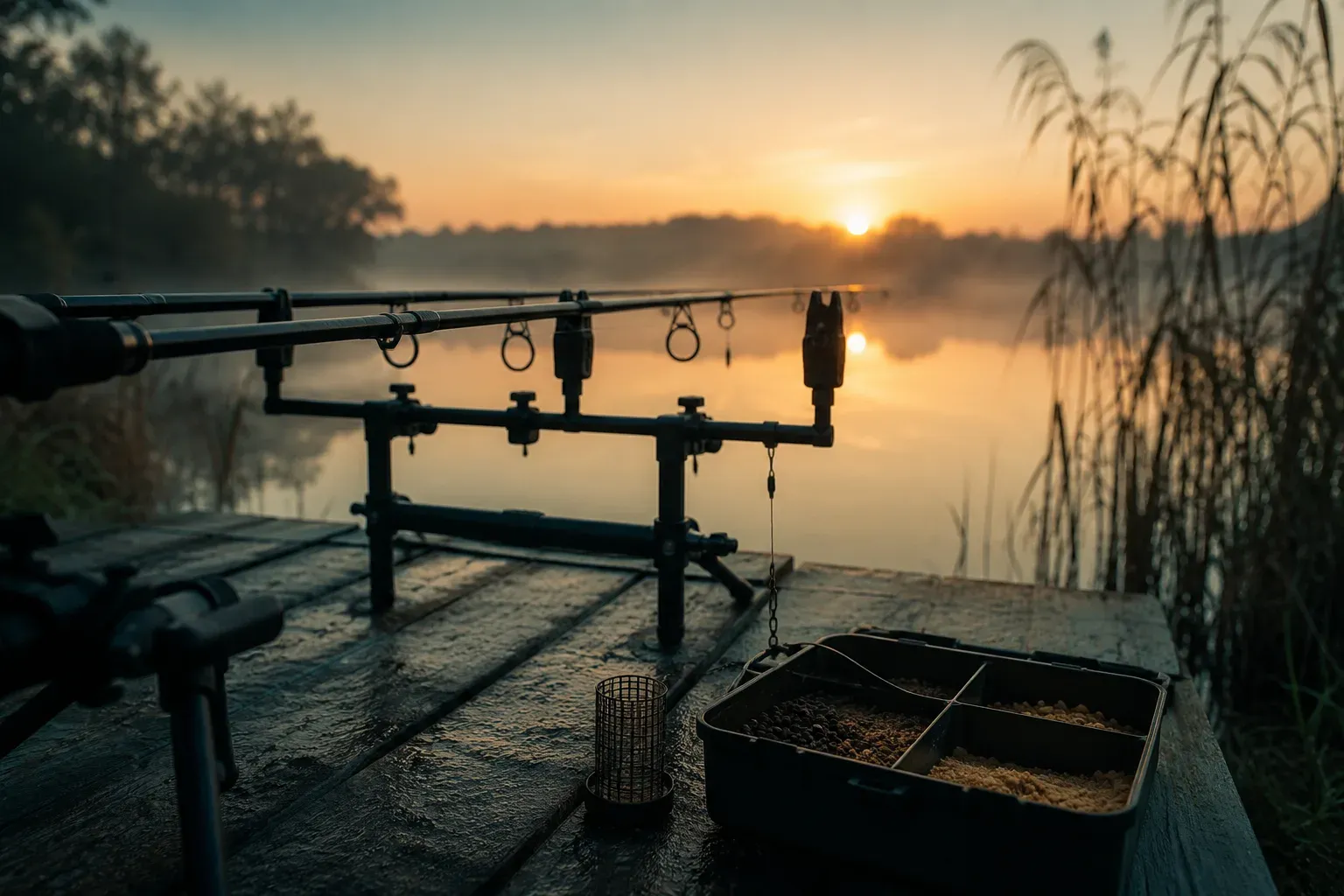 Wędki feederowe oparte na podpórkach nad mglistym jeziorem o świcie