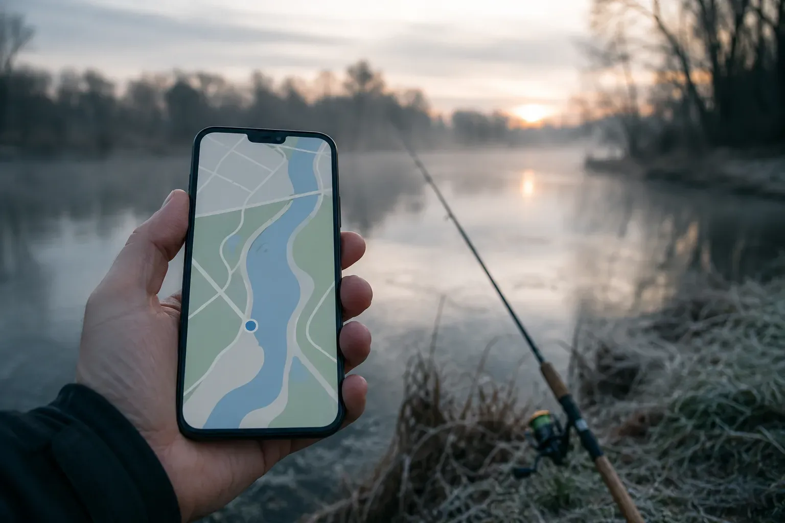 Wędkarz trzymający smartfon z mapą nad brzegiem rzeki o świcie